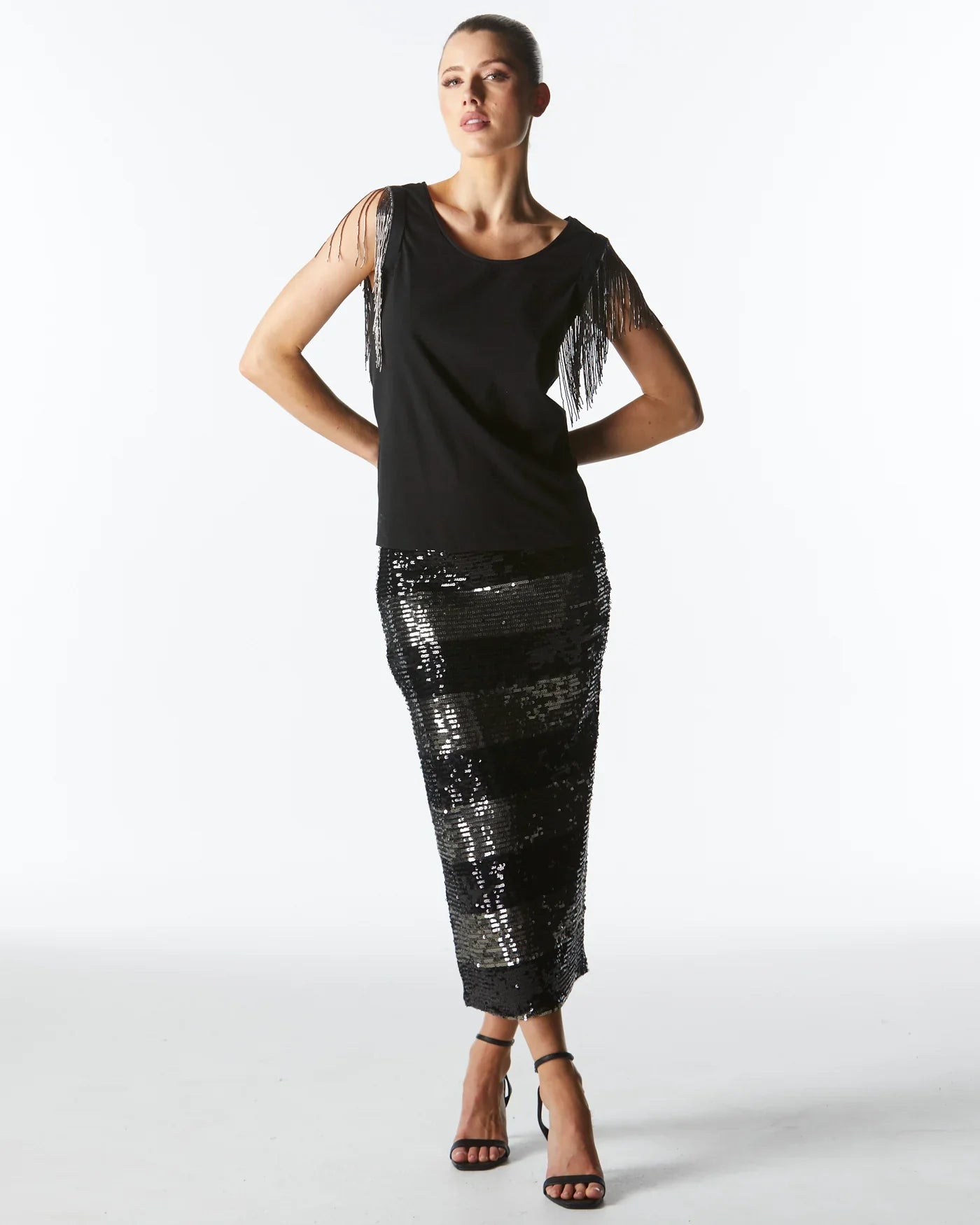 Fate + Becker Wild Ones Skirt Sequins with Black Gunmetal Stripe
